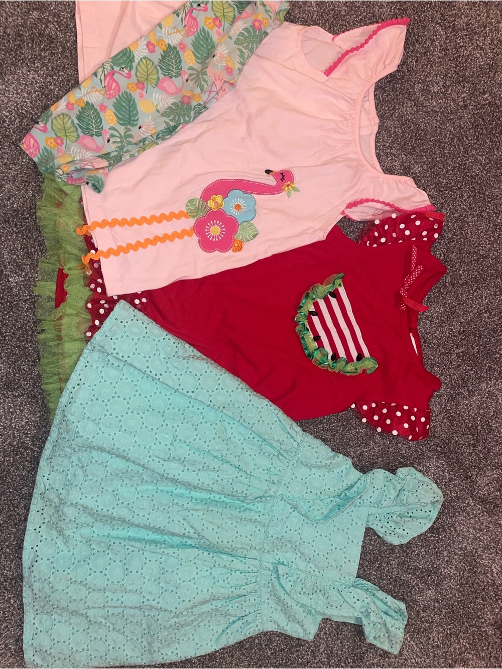 Girls 3TGirls Mixed Dress & Tops Bundle - Pink Flamingo, Red Stripe, Mint Eyelet